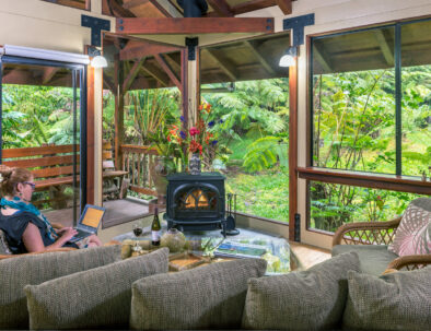 Common area with sofa and fireplace